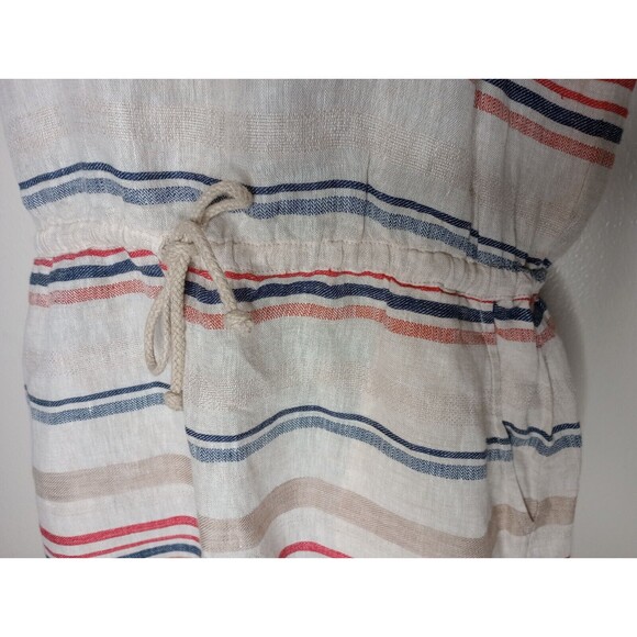 Hinge Women Dress Beige Striped 100% Linen Sleeveless Mini Waist Drawstring Sz 1 - Picture 5 of 11